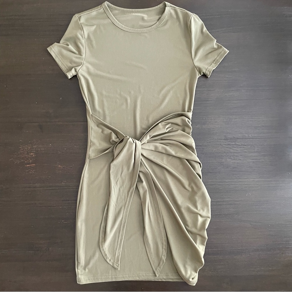 Shein Olive Green Short Sleeve Knot Mini Dress